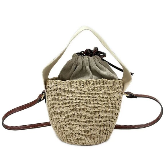 Chloe Woody Small Basket Beige Dark Brown Natural Fiber Shoulder Bag 556-081725 - Picture 2 of 8